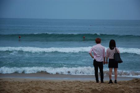 海滩, 沙子, 海, 釜山, 沙滩, 美丽的海滩, 夫妇