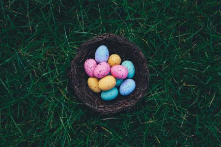 购物篮, 多彩, 色彩缤纷, 复活节彩蛋, 鸡蛋, 草, 编织的篮
