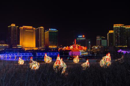 中国新的一年, 西宁中心广场, 形状灯笼, 晚上, 城市景观