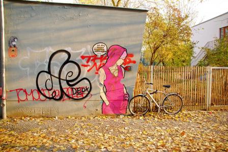 街头艺术, 柏林, 粘贴, 墙上, hauswand, 艺术, 自行车
