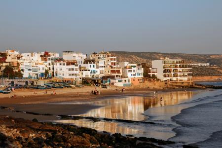 摩洛哥, taghazout, 海滩, 日落, 水, 海岸