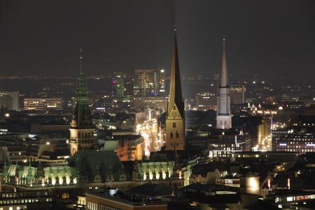 汉堡, 晚上, 教会, 长时间曝光, 灯, 城市景观, 建筑