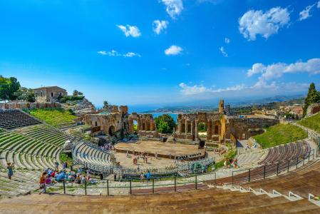 剧院, 剧场, 希腊语, 意大利, 陶尔米纳, 西西里岛, 废墟