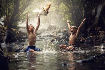 儿童, 河, 鸟类, 快乐, 飞溅, 水, 男孩