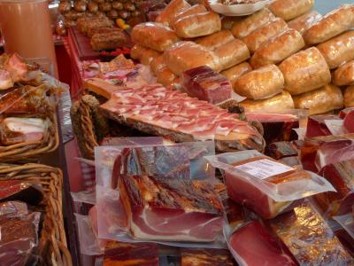 火腿, 香肠, 出售, 立场, 肉, 市场, 肉类市场