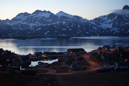 晚上, 村庄, 格陵兰岛, 照明, 海, 黄昏, abendstimmung