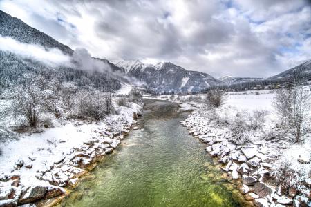 河, 奥地利, 冬天, hdr, 感冒, 雪, 山