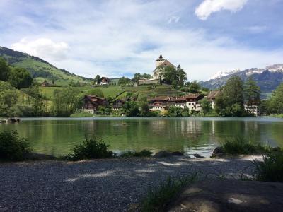 湖, 夏季, 瑞士, 山脉, 村庄, 景观, 水