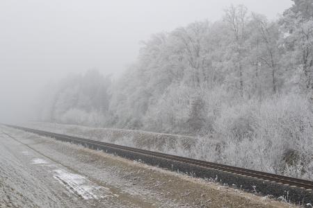 铁路, 火车, 铁路轨道, 雾, 白霜, 秋天, 感冒