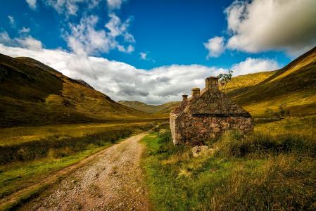 苏格兰, 小屋, 房子, 被遗弃, 景观, 山脉, 高地