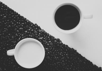 两个, 白色, 陶瓷, 杯子, 咖啡, 牛奶, 黑色