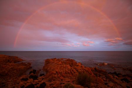 彩虹, abendstimmung, 红色的天空, 撒丁岛, 海, 天空, 海滩