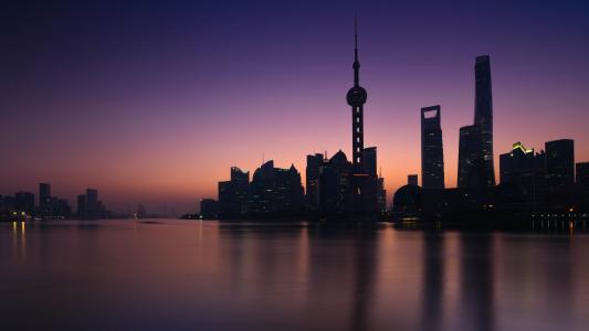 上海, 日出, 城市天际线, 城市景观, 摩天大楼, 建筑, 城市场景