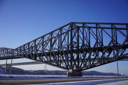 悬索桥, 桥梁, 魁北克省, 冬天, 圣劳伦斯河, 冰, 城市