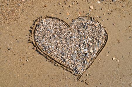 心, 沙子, 铁石心肠, 假日, 爱, 海滩, 贺卡