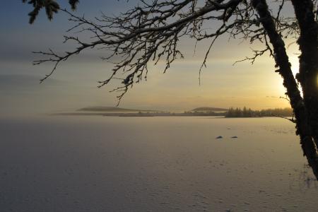 日出, 秋天, 湖, 冬天, soutujärvi, norrbotten, 雪