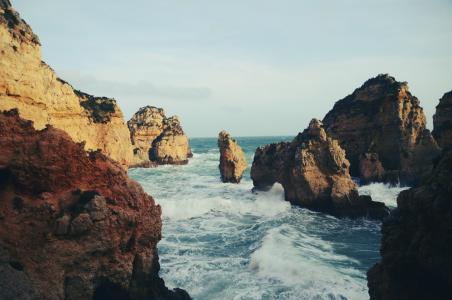 棕色, 岩石, 海, 海洋, 蓝色, 水, 自然