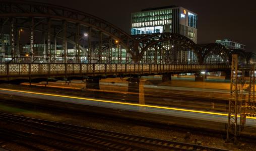 桥梁, 慕尼黑, 黑客桥, 晚上, 火车站, gleise, 火车
