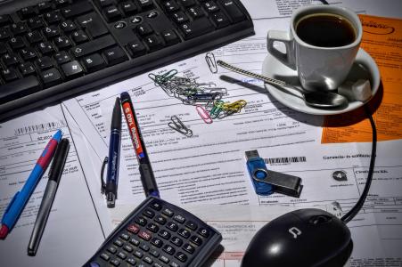 员, 会计, 办公室, 咖啡, 计算器, 键盘, 钢笔