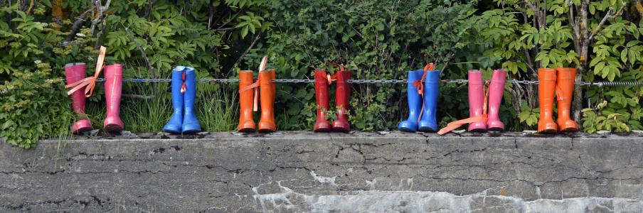 橡胶靴, 鞋子, 靴子, 雨, 粉色, 蓝色, 橙色