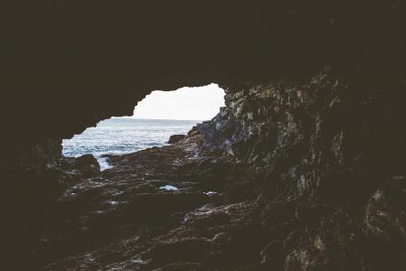 棕色, 洞穴, 附近的, 身体, 水, 岩石, 海岸