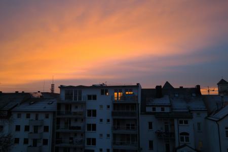 日落, 晚上, 家园, 城市, 住宅发展, abendstimmung, 橙色