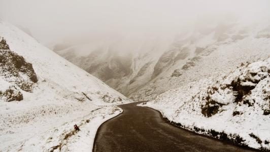 山, 高地, 景观, 雾, 雪, 冬天, 道路