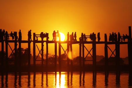 缅甸, 缅甸, u 腿桥, 和尚, 景观, 日落, 剪影