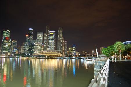 新加坡, htet 昂, 湾, 晚上, 闪电, 城市, 摩天大楼