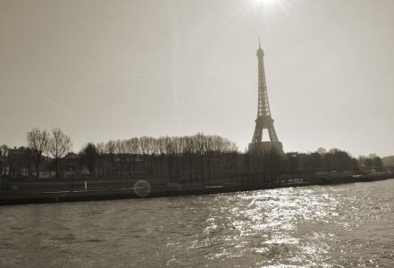黑白, 埃菲尔铁塔, 法国, 具有里程碑意义, 巴黎, 河, 旅游