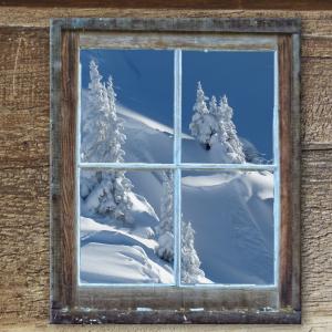 窗口, 老, 小屋, 树, 雪, 白雪皑皑, 山脉