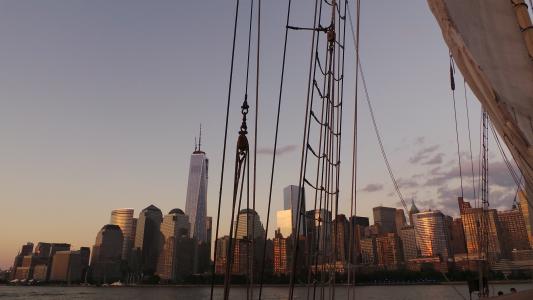 天际线, 纽约, 帆船, 日落