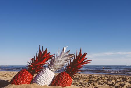 白色, 红色, 装饰, 菠萝, 棕色, 沙子, 海滩