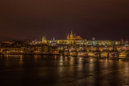 查理大桥, 城堡, 河, 晚上, 布拉格, 桥梁, 欧洲
