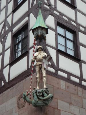 骑士, 龙, 中世纪, 旧城, 立面, 桁架, fachwerkhaus