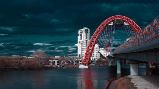 风景如画的桥, 红桥, 水, 道路, 城市, 夏季, 莫斯科河