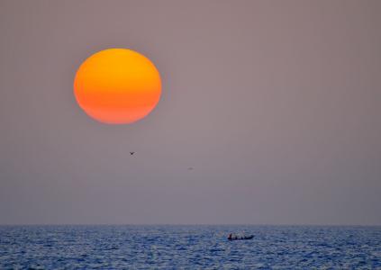 日落, 渔民, 海, 独木舟, 捕鱼, 塞内加尔, 天空