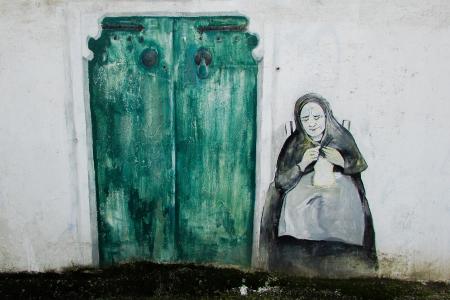 涂鸦, 绘画, 老房子, 老女人, 门, 传统, 村庄