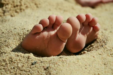 双脚, 沙子, 十, 赤脚, 海滩, 夏季, 桑迪