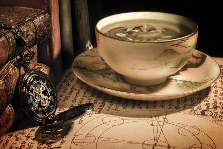 咖啡, 杯, 饮料, 怀表, 表, 时间, 茶-热饮料