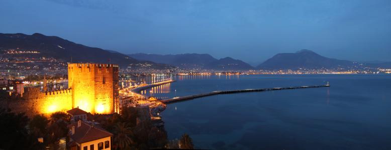阿拉尼亚, 晚上, 海滩, 城市, 蓝色, 土耳其, 绿松石海岸