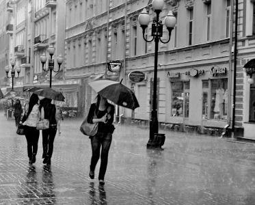 莫斯科, 阿尔巴特街, 雨, bw, 人, 高峰, 雨伞