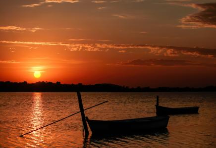 泻湖 ibiraquera, 池塘, 圣卡塔琳娜, 独木舟, 捕鱼, 初生的太阳, 黎明