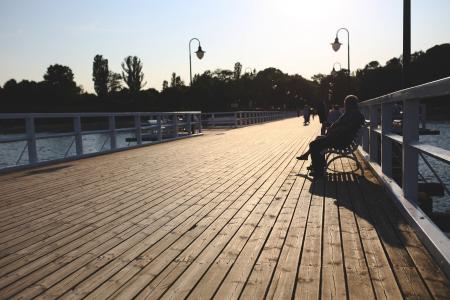 码头, 日落, 议会, 海, 男子, 坐, 板凳
