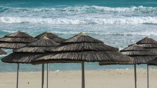 海滩, 遮阳伞, 沙子, 塞浦路斯, 阿依纳帕, 尼西海滩