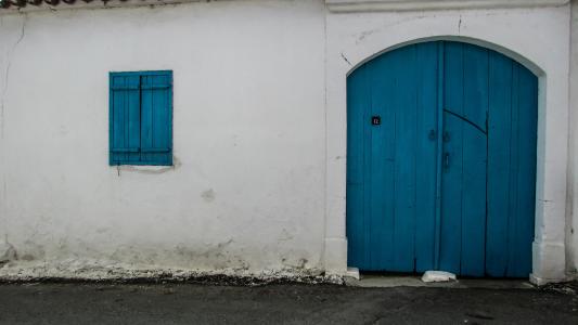 塞浦路斯, xylotymbou, 老房子, 建筑, 外观, 蓝色, 白色