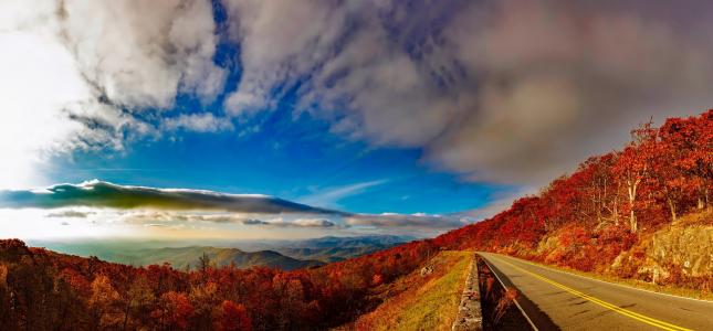 蓝脊, 山脉, 天空, 云彩, 全景, 弗吉尼亚州, 谢南多厄山谷