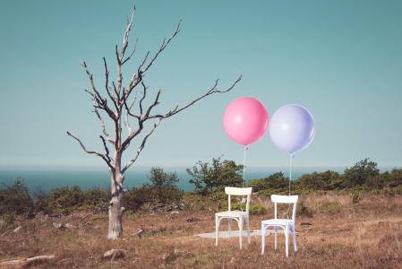 椅子, 两个, 气球, 树, 一个, 无叶, 烧掉