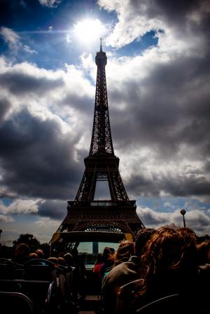埃菲尔铁塔, 法国, 巴黎, 公共汽车, 跳上, 云彩