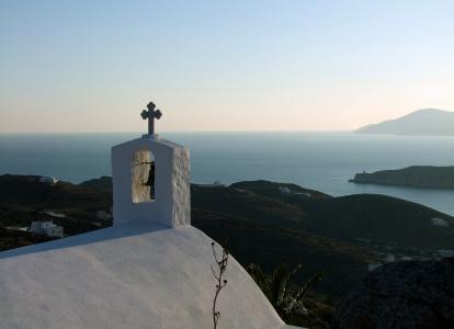 教会, 教堂屋顶, 十字架, 前景, 视图, 海, 希腊